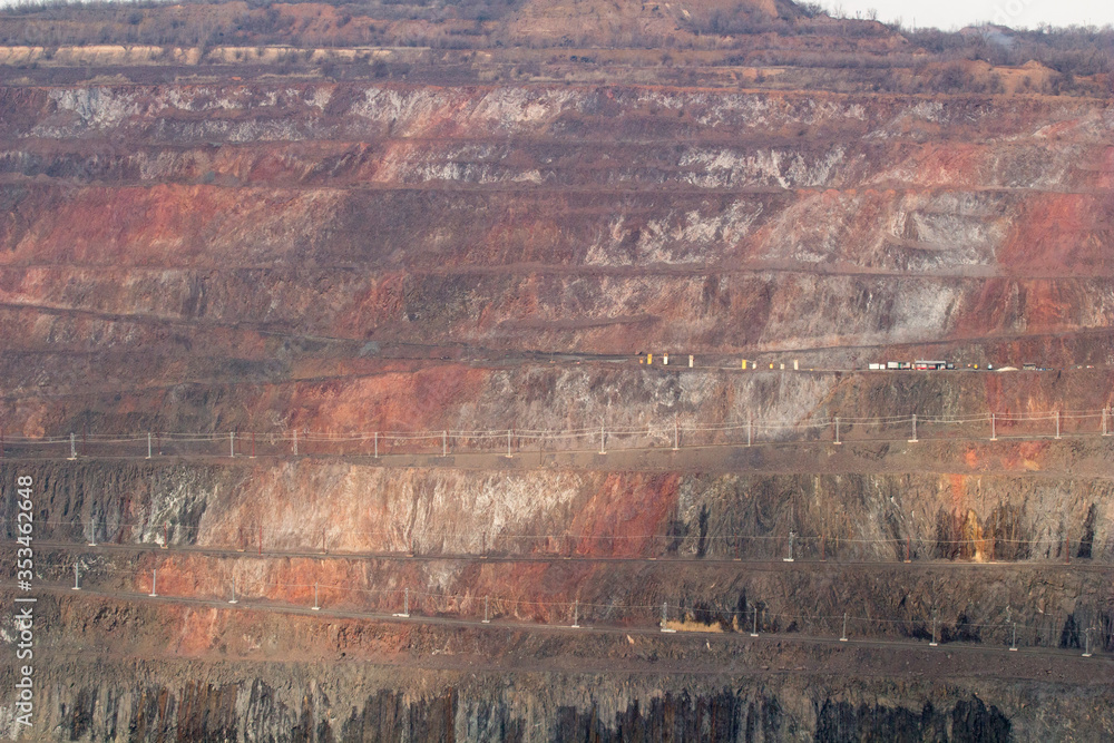 Open coal mining pit with heavy machinery. Mine in Krivoy Rog, and metallurgy in Ukraine