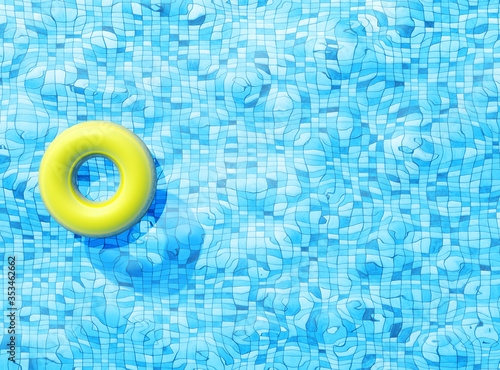Pool float, ring floating in a refreshing blue swimming pool with palm tree leaf shadows in water
