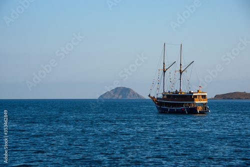 Boat anchored near Komodo Island in East Nusa Tenggara, Indonesia