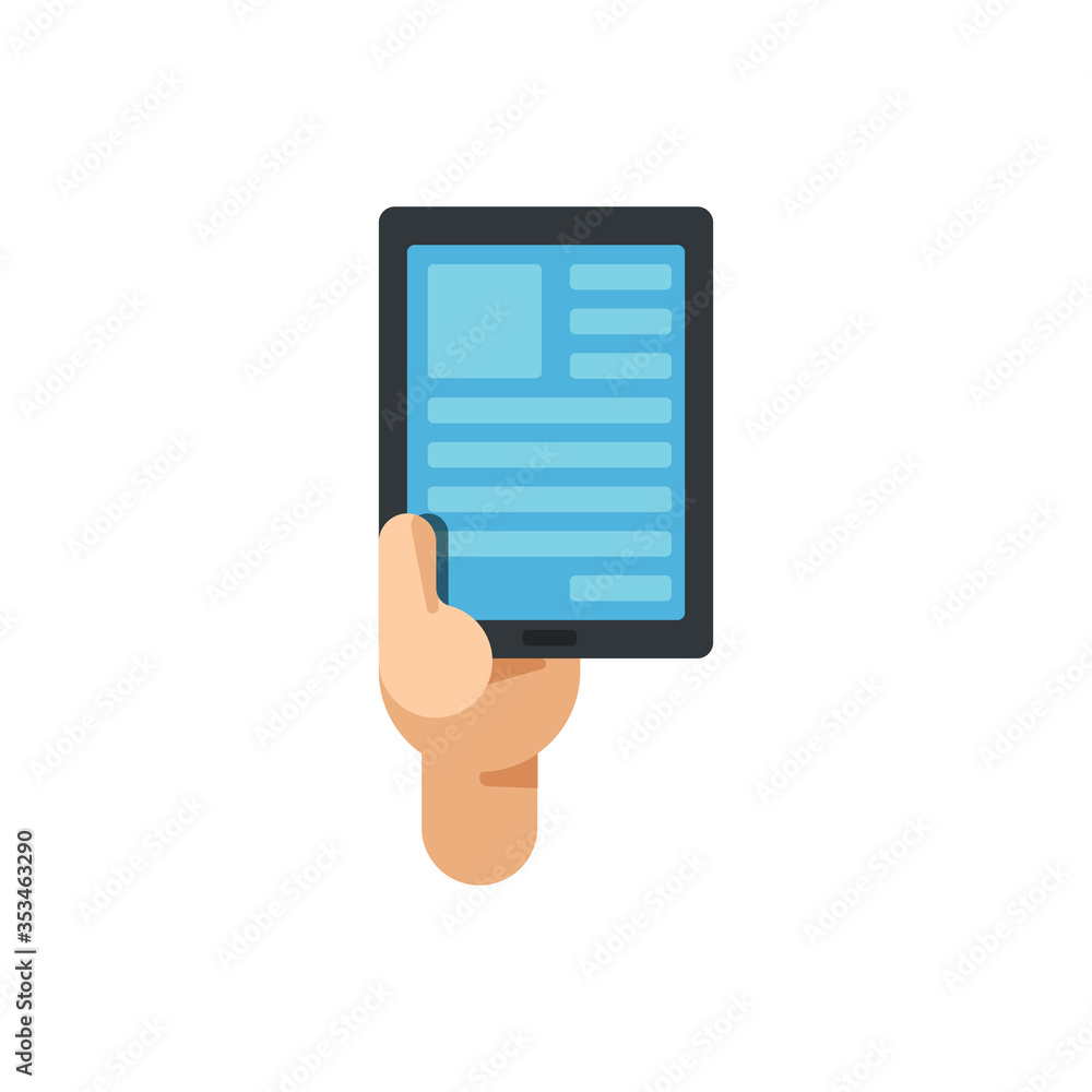 Hand holding digital tablet to read and watch news on screen, Flat design vector illustration Hand holding digital tablet to read and watch news on screen, Flat design vector illustration