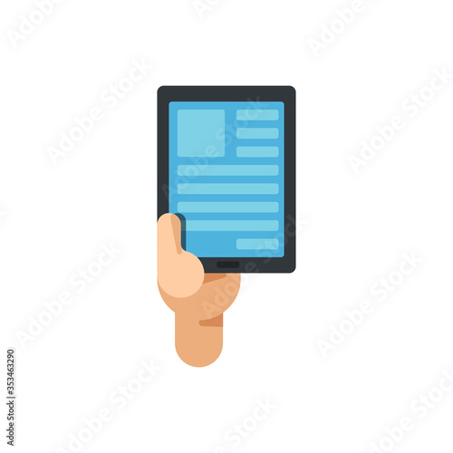 Hand holding digital tablet to read and watch news on screen, Flat design vector illustration
