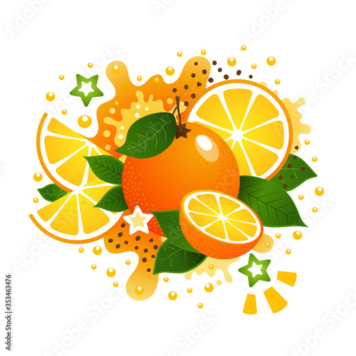 Orange and slices with bright simple background, isolated illustration