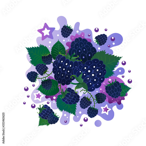 Blackberries with leafs and splashes background.