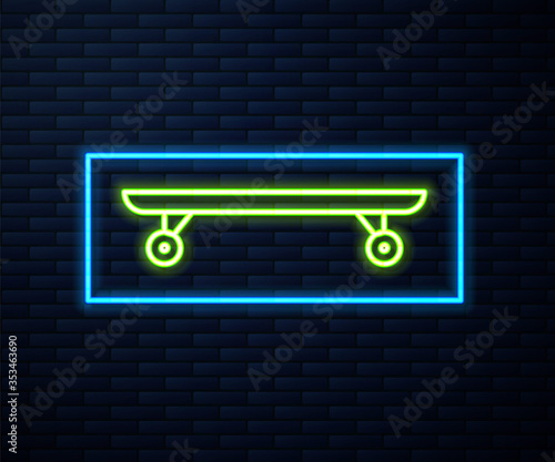 Glowing neon line Longboard or skateboard cruiser icon isolated on brick wall background. Extreme sport. Sport equipment. Vector Illustration.