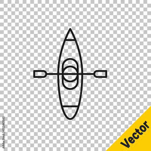 Black line Kayak and paddle icon isolated on transparent background. Kayak and canoe for fishing and tourism. Outdoor activities. Vector Illustration.