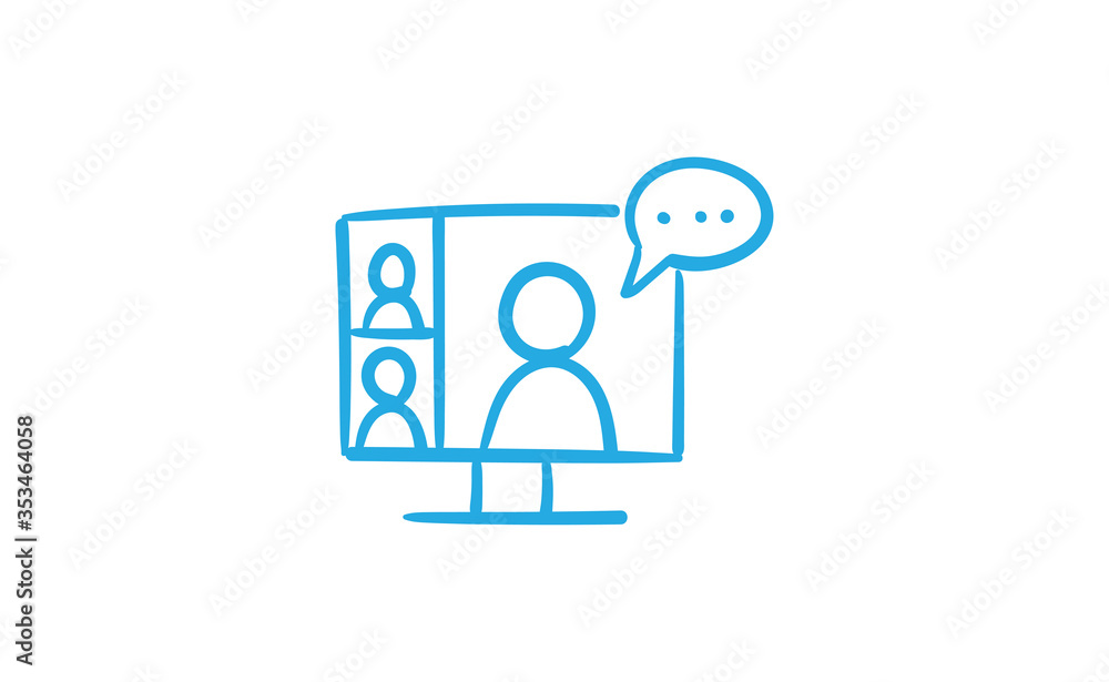 Video conference doodle icon. People on computer screen. Home office digital communication. Internet teaching media. Hand drawn illustration. Video conference doodle icon. People on computer screen. Home office digital communication. Internet teaching media. Hand drawn illustration.