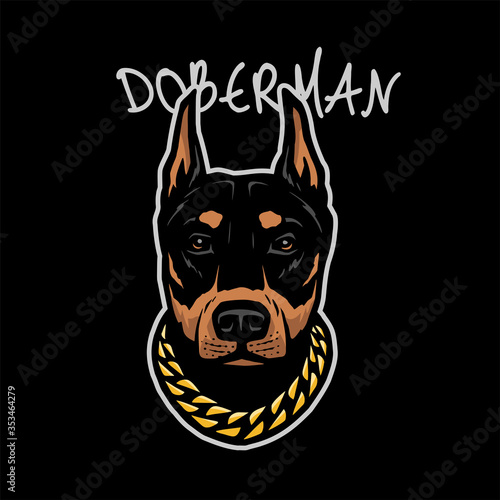Doberman head with a chain on his neck on a dark background. Vector illustration.
