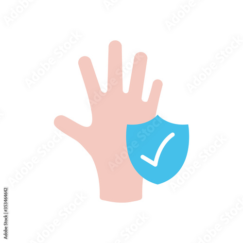 clean hand and shield with check mark icon, flat style