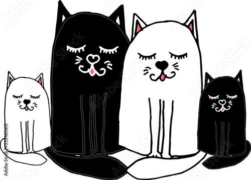 Cute, funny black and white cats on an isolated white background. Vector cats. 