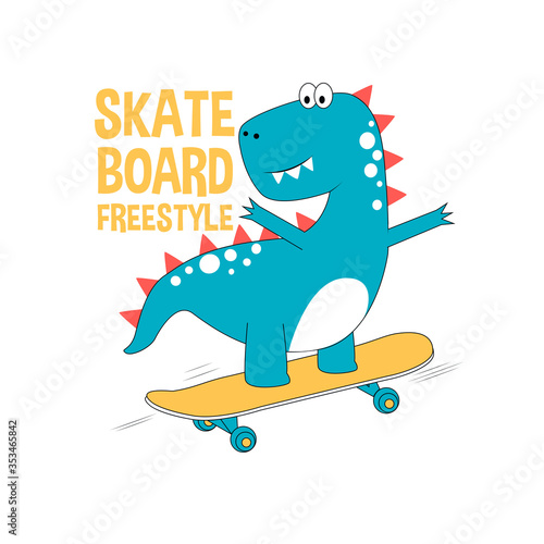 Skater dinosaur print design with slogan. Vector illustration design for fashion fabrics, textile graphics, prints.