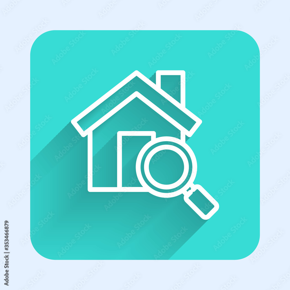 White line Search house icon isolated with long shadow. Real estate symbol of a house under magnifying glass. Green square button. Vector Illustration. White line Search house icon isolated with long shadow. Real estate symbol of a house under magnifying glass. Green square button. Vector Illustration.