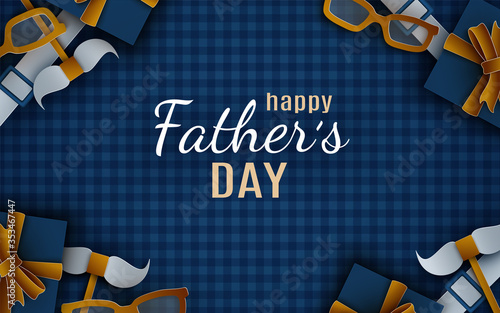 Happy Father's Day banner design for holiday greeting card, poster. Checkered blue background, golden mustache shaped bow tie, suspenders. Congratulation text, paper cut out style, vector illustration