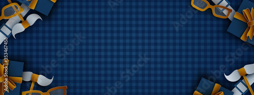 Father's Day background for holiday banner greeting design, poster, flyer. Blue background, golden mustache, bow tie, suspenders, glasses. Empty space for text, paper cutout style, vector illustration