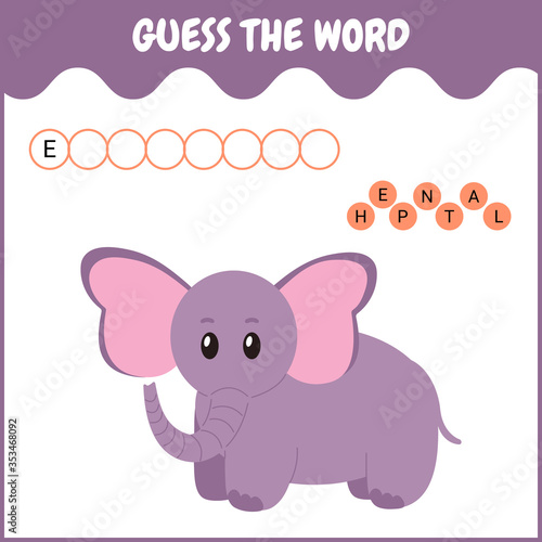 Spelling word scramble game template. Educational game for preschool years kids with elephant.