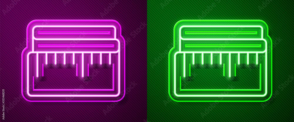 Glowing neon line Tape measure icon isolated on purple and green background. Measuring tape. Vector Illustration. Glowing neon line Tape measure icon isolated on purple and green background. Measuring tape. Vector Illustration.