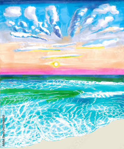 Summer sea landscape with bright clouds. Vacation mood hand-drawn illustration.