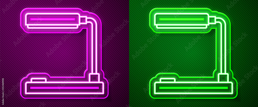 Glowing neon line Table lamp icon isolated on purple and green background. Table office lamp. Vector Illustration. Glowing neon line Table lamp icon isolated on purple and green background. Table office lamp. Vector Illustration.