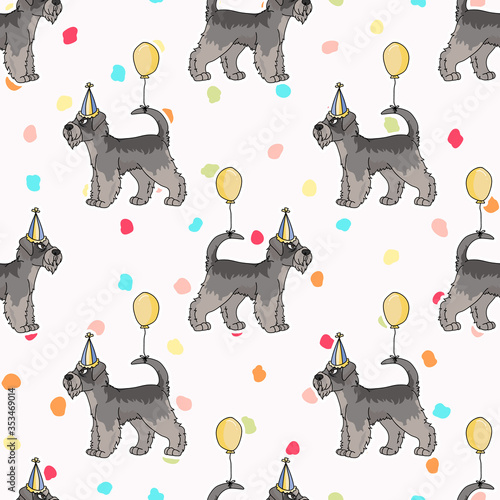 Hand drawn cute schnauzer breed dog with party hat seamless vector pattern. Purebred pedigree puppy celebration background. Dog lover terrier pet all over print. Kennel pooch. EPS 10. 