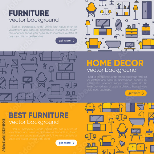 Banner set for furniture concept with outline icons for home decor, furniture store, renovation. Flat vector design. Modern graphic design. Home accessories.