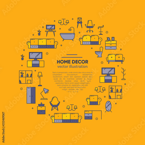 Furniture concept with outline icons for home decor, furniture store, equipment. Flat vector design. Modern graphic design. Home accessories. House appliences