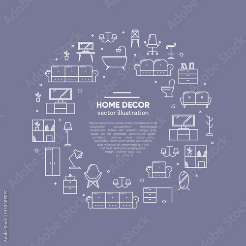 Furniture concept with outline icons for home decor, furniture store, equipment. Flat vector design. Modern graphic design. Home accessories. House appliences