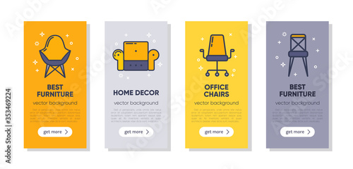 Banner set for furniture concept with outline icons for home decor, furniture store, renovation. Flat vector design. Modern graphic design. Home accessories.