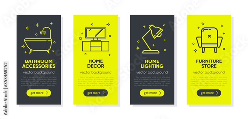 Banner set for furniture concept with outline icons for home decor, furniture store, renovation. Flat vector design. Modern graphic design. Home accessories.