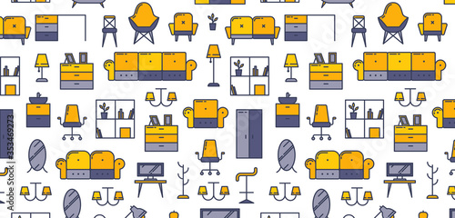 Pattern for furniture concept with outline icons for home decor, furniture store, renovation. Flat vector design. Modern graphic design. Home accessories.