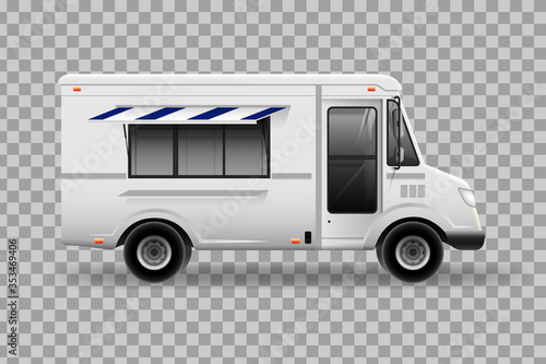 Food Truck - Mockup set isolated on grey. Mobile kitchen van. Corporate identity element. White Service Delivery Truck blank surface