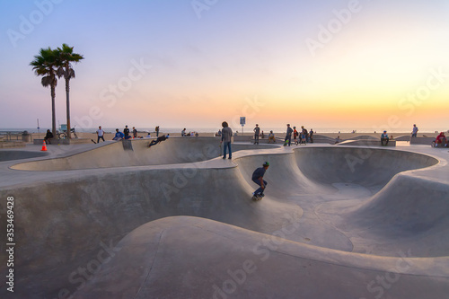 Skate board park in Venice beach at sunset, California, Usa