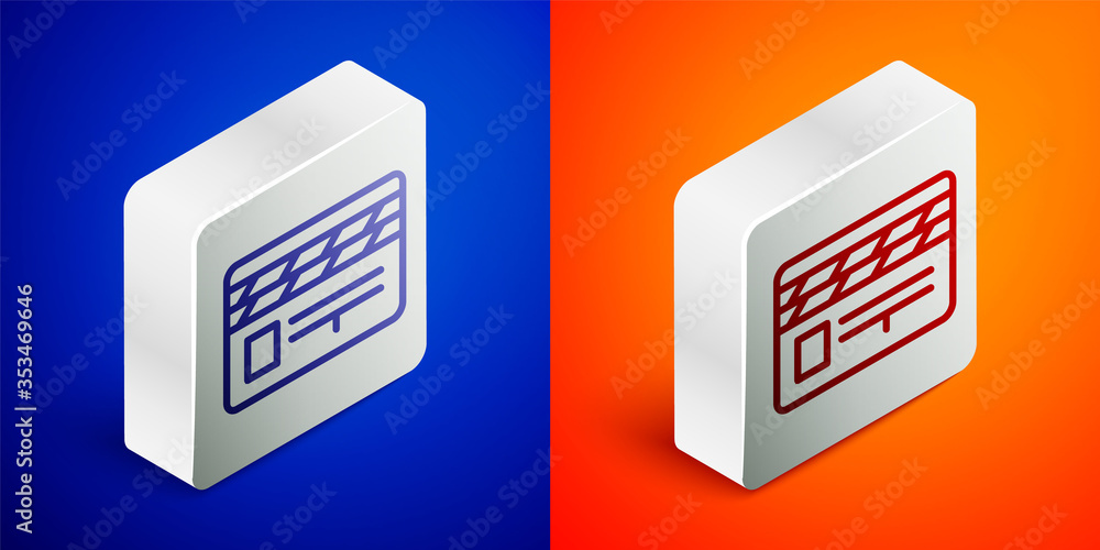 Isometric line Movie clapper icon isolated on blue and orange background. Film clapper board. Clapperboard sign. Cinema production or media industry. Silver square button. Vector Illustration. Isometric line Movie clapper icon isolated on blue and orange background. Film clapper board. Clapperboard sign. Cinema production or media industry. Silver square button. Vector Illustration.