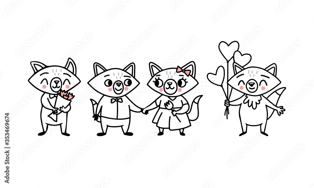 Cute doodle vector foxes with heart balloons, a bouquet and a couple in love Cute doodle vector foxes with heart balloons, a bouquet and a couple in love