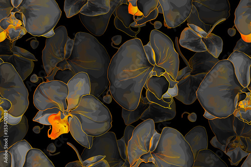 Dark gray with orange color abstract background. Seamless floral pattern with flowers orchid. Vector stock illustration.