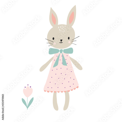 Toy Bunny girl in a  pink dress, vector illustration on a white background. Can be used as a print on children's clothing, greeting cards, invitations to children's parties, room poster.