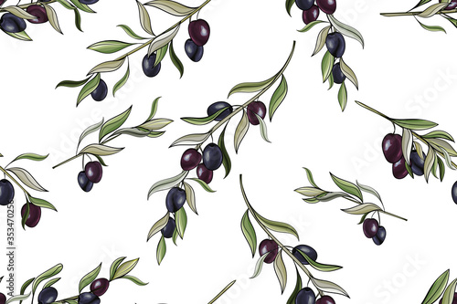 Vector seamless pattern branches with black olives on white background. For design natural organic cosmetics, wrapping paper, soap, olive oil. Stock illustration.