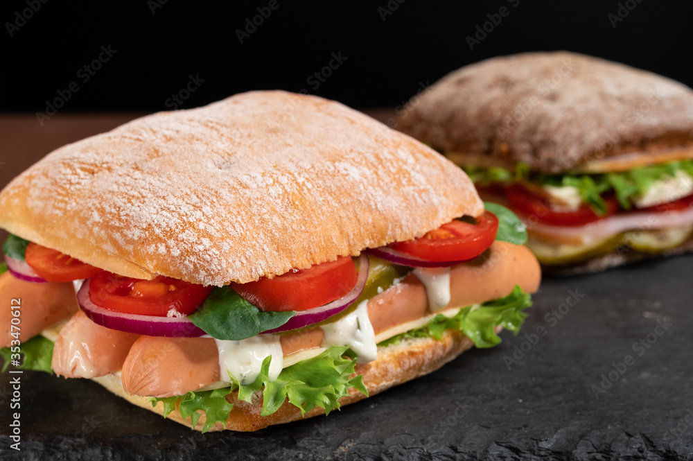Two different sandwiches. Two different rolls and filling. Two different sandwiches. Two different rolls and filling.