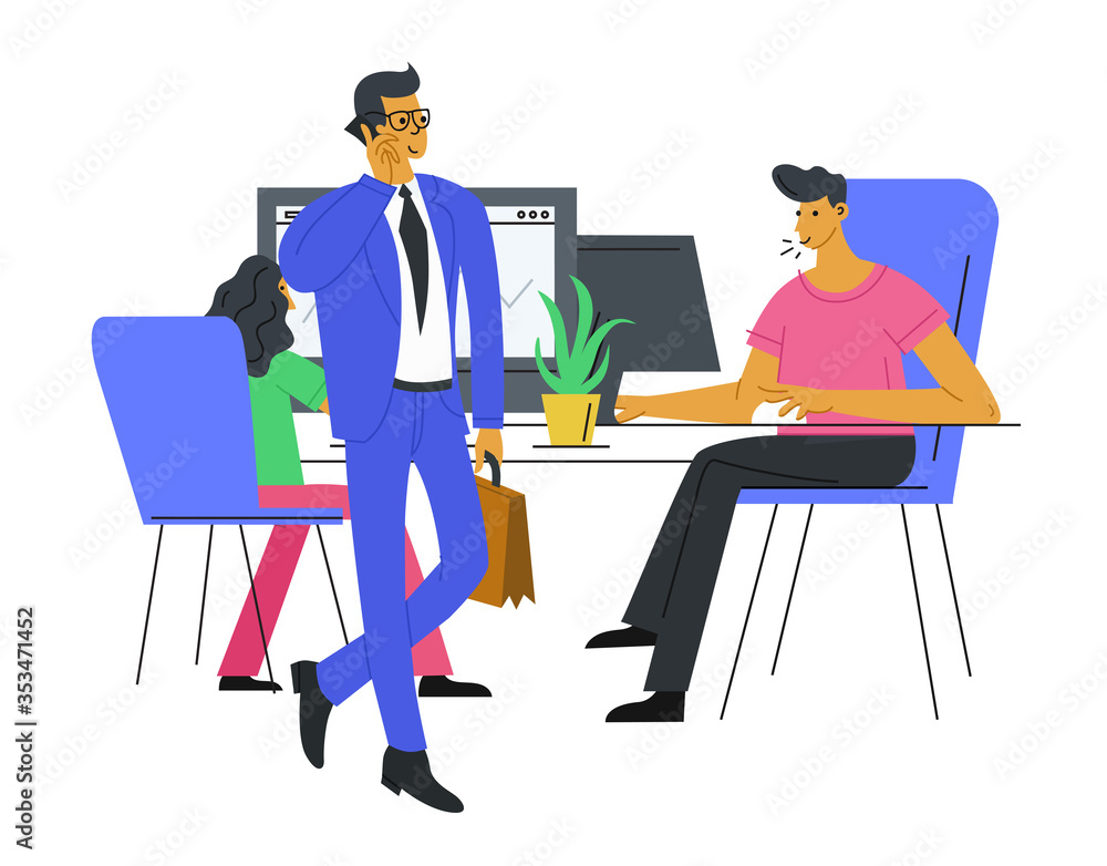 Business People Characters work in office - manager talks on the phone and employees work at the computer. Company Teamwork concept
Business People Characters work in office - manager talks on the phone and employees work at the computer. Company Teamwork concept