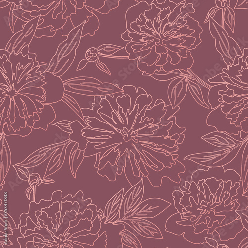 Elegant illustration with isolated golden gradient outlined peony flowers. Seamless vector pattern for wallpaper, apparel or wrapping paper