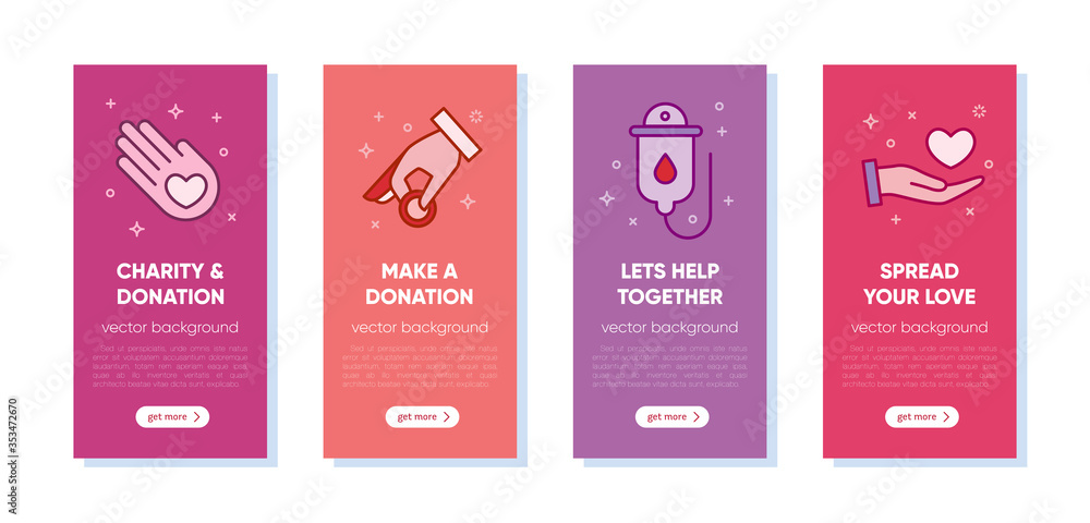 Set of banners Charity and donation. Hands holding heart, coin, blood donation. Volunteers work concept illustration set, for banner, landing page, mobile app. Vector template with outline icons