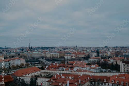 top view on gloomy Prague old beatiful roofs