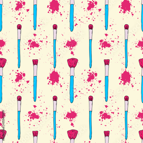 Seamless pattern for visagiste. Makeup brushes with mascara stains. Bright pink and blue vector illustration on a yellow background. Vibrant beauty and cosmetic background
