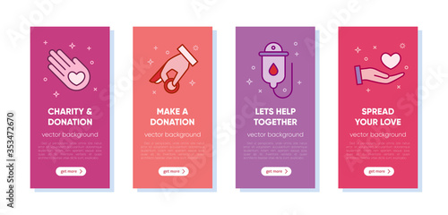 Set of banners Charity and donation. Hands holding heart, coin, blood donation. Volunteers work concept illustration set, for banner, landing page, mobile app. Vector template with outline icons