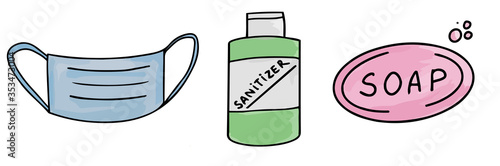 Medical face mask, sanitizer, soap icons trendy color doodles isolated on a white background, lettering, calligraphy, text. Protection from coronavirus. Vector illustration.