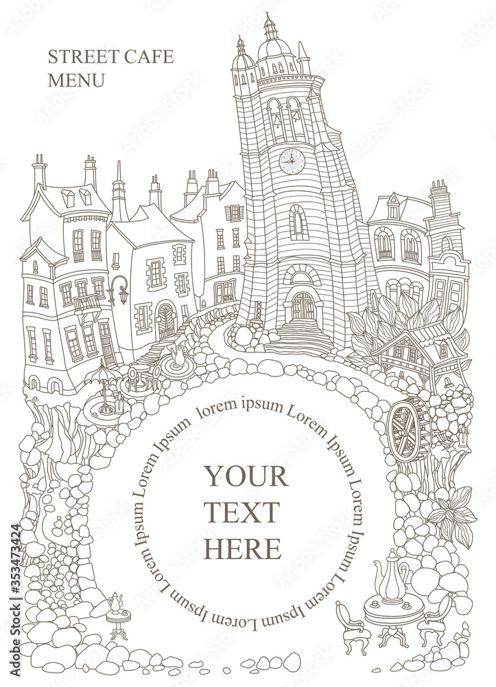 Fairy tale medieval town houses and street café. Black and white hand drawn sketch. Adults coloring book page, tee shirt print, Travel Brochure cover