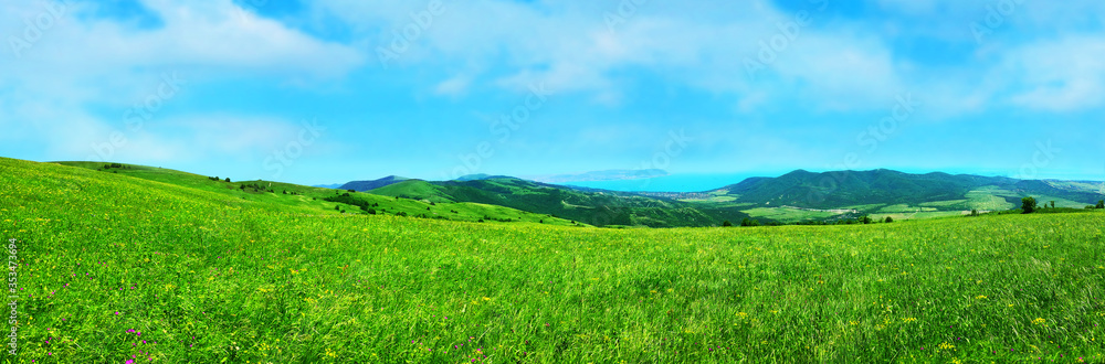 Panorama summer flower meadow in the mountains, tourism. Scenery view ocean. Beautiful sea view landscape. Fresh green rural meadows on a sunny day with blue sky Panorama summer flower meadow in the mountains, tourism. Scenery view ocean. Beautiful sea view landscape. Fresh green rural meadows on a sunny day with blue sky