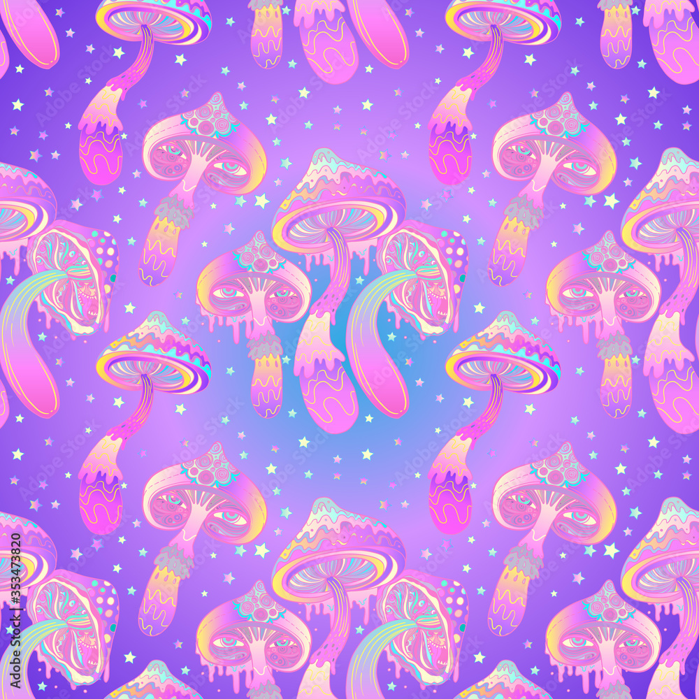 Naklejka premium Magic mushrooms. Psychedelic hallucination. Vibrant vector illustration. 60s hippie colorful art.