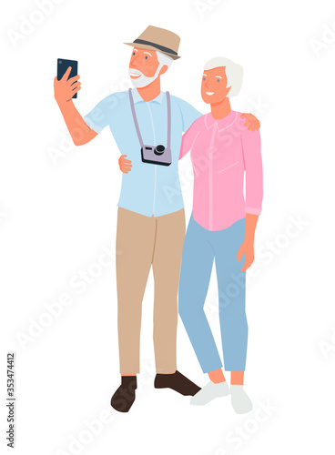 technology, tourism, travel and people concept - happy senior couple with smartphone taking selfie. Modern flat cartoon style.