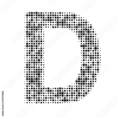 The capital letter D is evenly filled with black dots of different sizes. Some dots with shadow. Vector illustration on white background