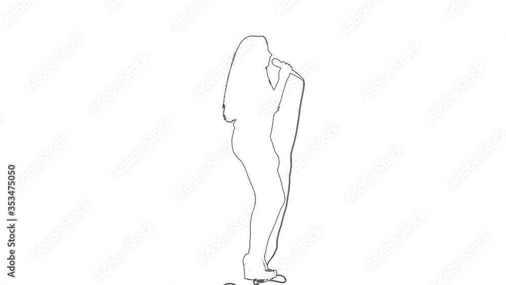 Outline sketch of girl sing song at microphone. White background. Silhouette Outline sketch of girl sing song at microphone. White background. Silhouette