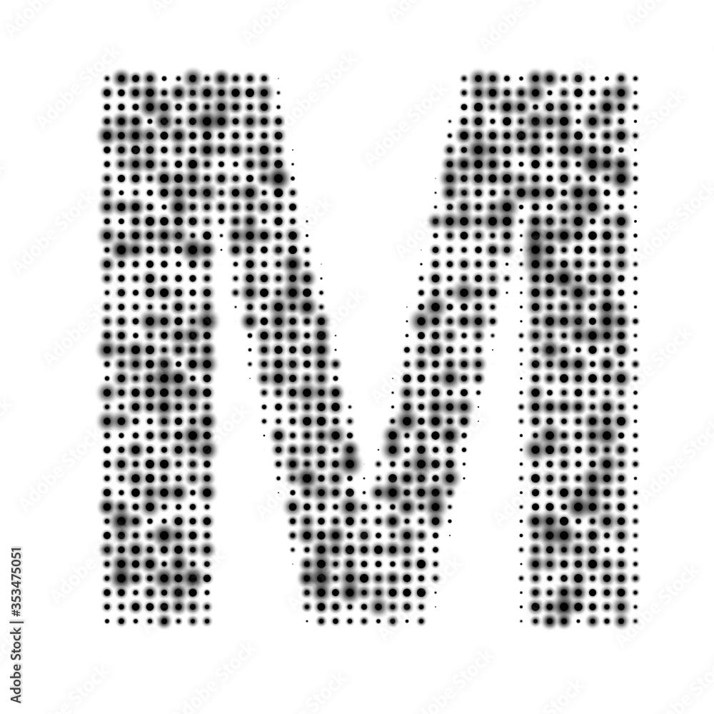 The capital letter M is evenly filled with black dots of different sizes. Some dots with shadow. Vector illustration on white background The capital letter M is evenly filled with black dots of different sizes. Some dots with shadow. Vector illustration on white background